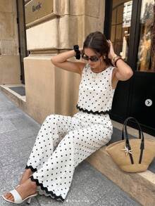 Vestido de Verano para Mujer, Cuello Redondo, Sin Mangas, Estampado Lunar, Dos Piezas, a la Moda - Albaricoque - Ver 6