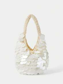 SHECARRY Women's Fashionable Beige Sequined Handbag, Exquisite And Gorgeous Lightweight, Handmade Hook Line Design, Suitable For Daily, Commuting, Dating, Summer, Party, Vacation, Beach, Seaside Matching - White - View 4