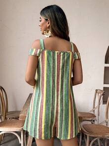 EMERY ROSE Plus Size Women V-Neck Sleeveless Off Shoulder Textured Striped Fabric Pocket Jumpsuit, Casual Boho Holiday Wear Vacation Light Green Summer - Green - View 2
