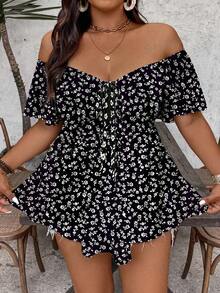 SHEIN VCAY Plus Size Women Elegant Floral Print Sexy Off-Shoulder T-Shirt - Multicolor - View 5