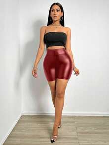 SHEIN SXY 女士纯色高腰PU皮短裤 - 酒紅色 - 查看 3