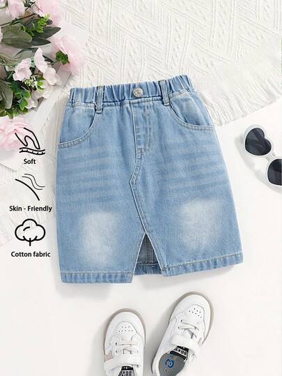 Baby Girls' Casual Denim Skirt, Summer Lightweight New Arrival, Cute Chic Street Style, Washed Medium Blue Denim, Elastic Waist Flared Hem Slit, Soft Comfortable Cotton Fabric, Suitable For Daily, Party, School, Commute, 2026 Summer New Collection