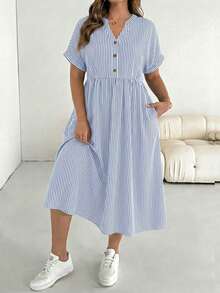 SHEIN CURVE+ Plus Size Summer Casual Striped Dress - Multicolor - View 4
