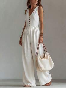 Hotletica Bộ jumpsuit nữ cổ chữ V, hở lưng, dáng rộng, thoải mái. - Màu be - Xem 4