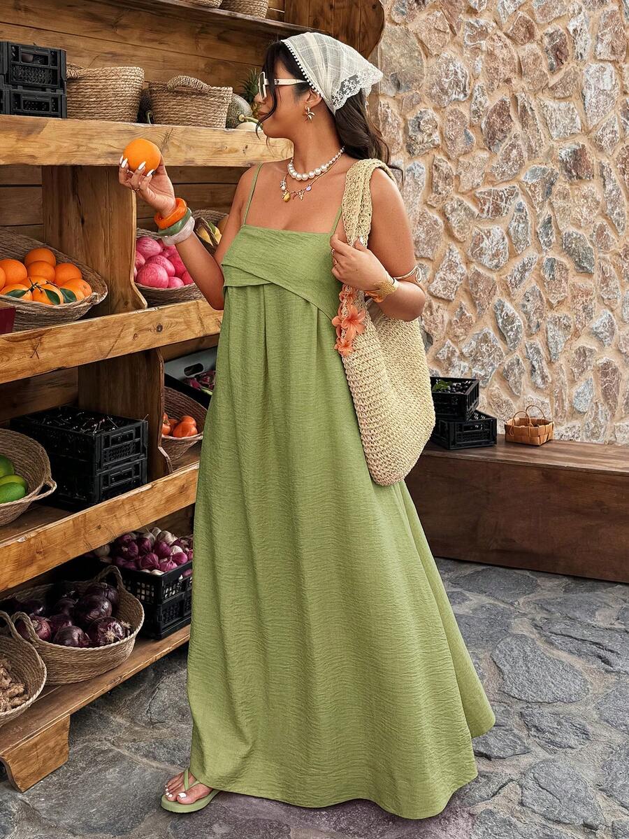 Weeklong Vestido de tirantes finos de unicolor minimalista para vacaciones de verano para mujer de talla grande - Limelight Green - Ver 1