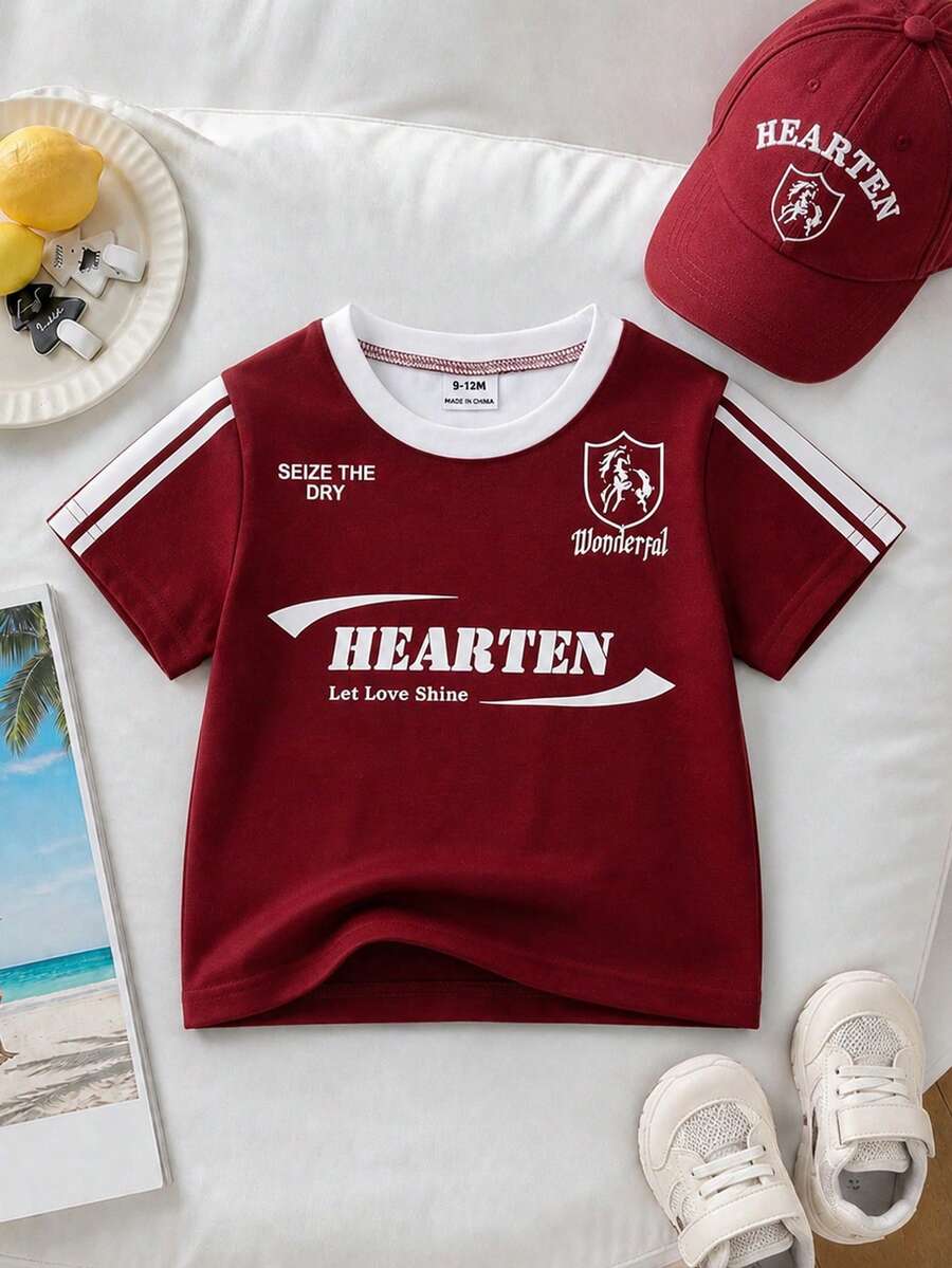 SHEIN Playful Pals 女婴经典英文图案圆领短袖T恤,婴幼儿服装,女童套头衫,女童T恤,幼儿上衣,适合春夏穿着,尺码6个月至3岁 - 紅色 - 查看 1