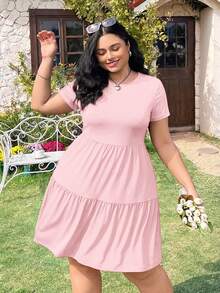 Solflare Black Short Sleeve Loose Fit Plus Size T-Shirt Dress, Spring Summer Clothes - Dusty Pink - View 5