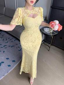 DAZY Đầm dài ren cổ tròn thanh lịch dành cho nữ, thích hợp cho mùa xuân và mùa hè. - Hồng - Xem 8