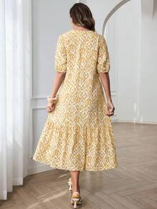 Miaspire Đầm nữ phong cách Bohemian, in họa tiết toàn thân, cổ chữ V, tay phồng, thích hợp cho kỳ nghỉ hè. - Màu vàng - Xem 2