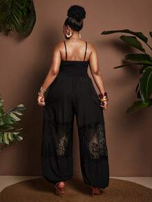 Maweii Plus Size Sexy Lace Trim Off-Shoulder Backless Jumpsuit - Black - View 6