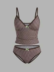 Sweetra CURVE 2026 Nuevo Conjunto de 2 Piezas Talla Grande para Mujer Estampado Geométrico Aleatorio Vacaciones Casual Minimalista Adelgazante Modesto Lazo Tirante Grueso Ajustable Cintura Alta Playa - Marrón - Ver 1