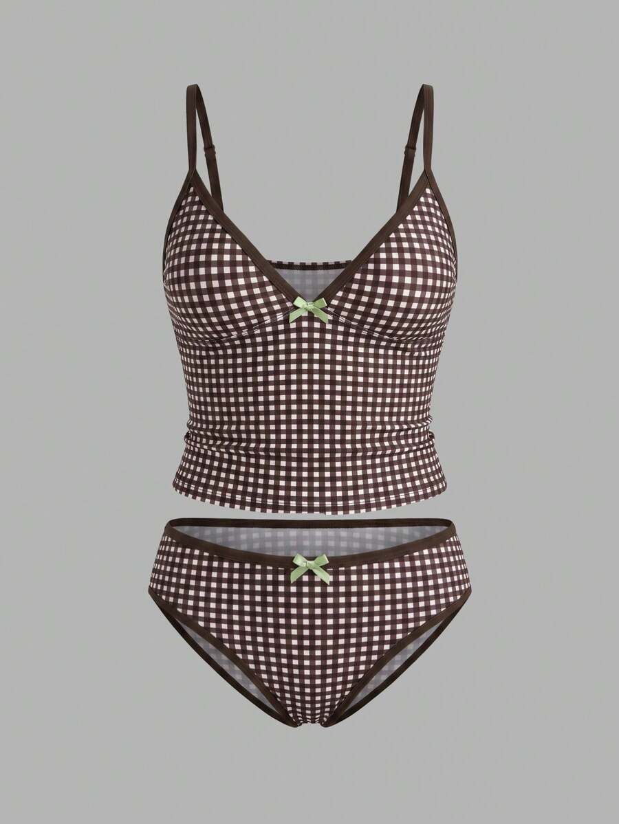 Sweetra CURVE 2026 Nuevo Conjunto de 2 Piezas Talla Grande para Mujer Estampado Geométrico Aleatorio Vacaciones Casual Minimalista Adelgazante Modesto Lazo Tirante Grueso Ajustable Cintura Alta Playa - Marrón - Ver 1