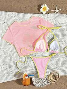 Conjunto de bikini de triángulo estampado para mujer con chaleco de malla, traje de baño casual y sexy para playa, vacaciones y verano 2026 - Multicolor 2 - Ver 2