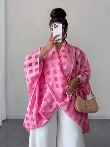 Maweii Plus Size Summer Plaid Loose Twist Knot Collared Shirt - Hot Pink - View 4