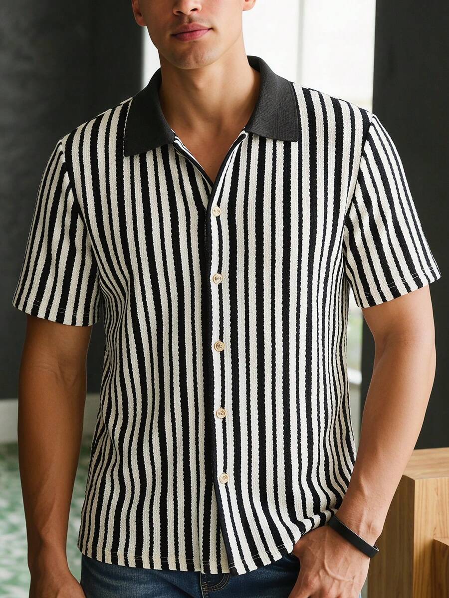 SHEIN 青少年男孩條紋鉤編休閒襯衫,短袖領口襯衫,適合夏季、Y2K、畢業、返校、舒適海灘度假日常穿著 - 彩色 - 查看 1