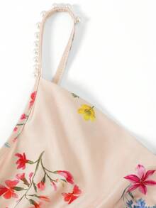 GlowEve Đầm maxi nữ màu sâm panh satin in hoa, dây đeo ngọc trai, xẻ tà bên hông, kiểu Pháp thanh lịch. - Nhiều màu - Xem 5
