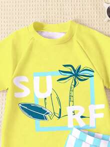 2pcs/Set Young Boys' Casual Loose Short Sleeve T-Shirt And Shorts Swimwear,Striped Surfboard & Palm Tree Print Summer Beach Holiday Outfit Sets - Multicolor - View 4