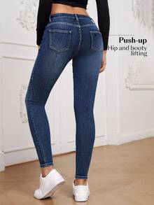 SHEIN Essnce Slant Pocket Skinny Jeans - Dark Wash - View 2