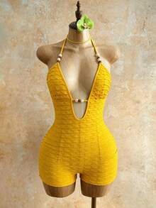Mistrie Women's Textured Beaded Halter Neck Tie Romper Vacation Beach Yellow Summer Tropical Sexy - Yellow - View 5