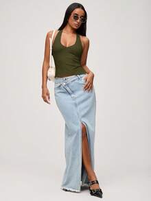 SHEIN BASICS Casual Solid Color Knit Halter Neck Top For Women - Army Green - View 5