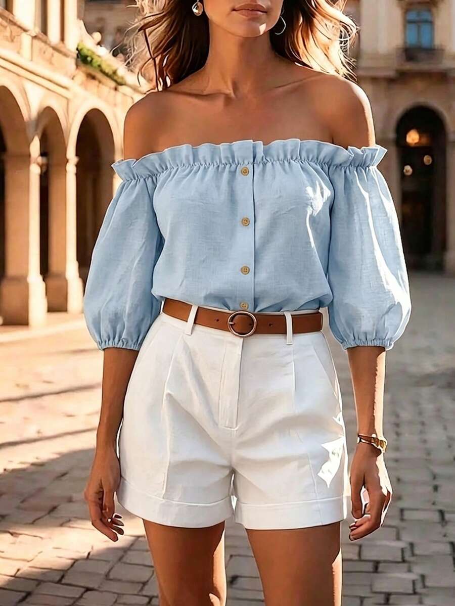 Balvessa New Arrival French Style Off-Shoulder Petal Sleeve Top - Baby Blue - View 1