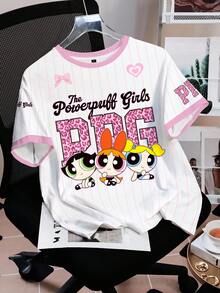 THE POWERPUFF GIRLS X SHEIN Áo thun nữ tay ngắn cổ tròn in chữ và hoạt hình, kiểu dáng thường ngày, thích hợp cho mùa hè. - trắng - Xem 1