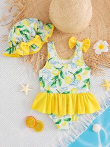 Cozy Pixies 2pcs Baby Girl Cute Yellow Lemon Print Dopamine Color Romper & Casual Versatile Sun Hat Set - Yellow - View 2