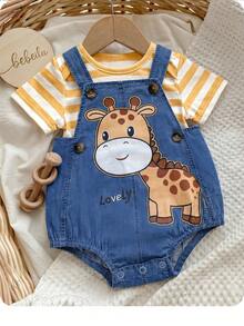 Newborn Baby Girl Casual Cute Cartoon Pattern Bib Pants & Striped T-Shirt Set - Blue - View 6