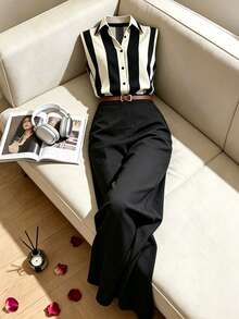 Franclia 女士两件套夏季套装，撞色条纹无袖衬衫，纯色阔腿裤，翻领收腰设计，条纹套装，夏季服装，度假套装，通勤套装，无袖条纹套装，工作服套装，女士日常穿着，优雅套装，女士优雅上衣，正式套装，女士休闲套装，毕业套装，女士度假服装，外出套装，时尚休闲通勤套装，商务办公服装，百搭时尚休闲装，都市教师制服 - 黑色 - 查看 1