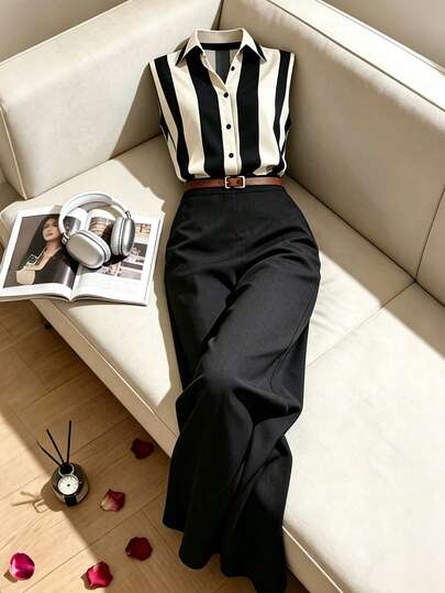 Franclia Conjunto de Verão Feminino de 2 Peças, Top Regata com Listras Contrastantes, Calça Pantalona de Cor Sólida, Design Afunilado na Cintura com Lapela, Conjunto Listrado, Conjunto de Verão, Conjunto de Férias, Conjunto de Transporte, Conjunto Listrado Sem Mangas, Conjunto de Roupa de Trabalho, Uso Diário Feminino, Conjunto Elegante, Top Elegante Feminina, Conjunto Formal, Conjunto Casual Feminino, Conjunto de Formatura, Conjunto de Férias Feminino, Conjunto de Passeio, Conjunto Casual Elegante de Transporte, Traje de Escritório Comercial, Uso Casual Estiloso e Versátil, Uniforme de Professor Urbano