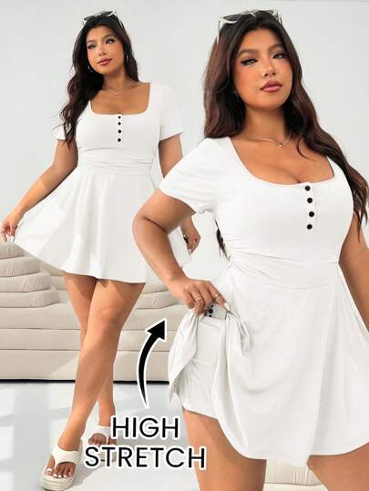 Solflare Plus Size Women's Casual Everyday Commute Minimalist Solid Color Square Neck Waist Tie Romper