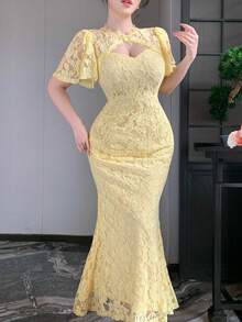 DAZY Đầm dài ren cổ tròn thanh lịch dành cho nữ, thích hợp cho mùa xuân và mùa hè. - Hồng - Xem 9