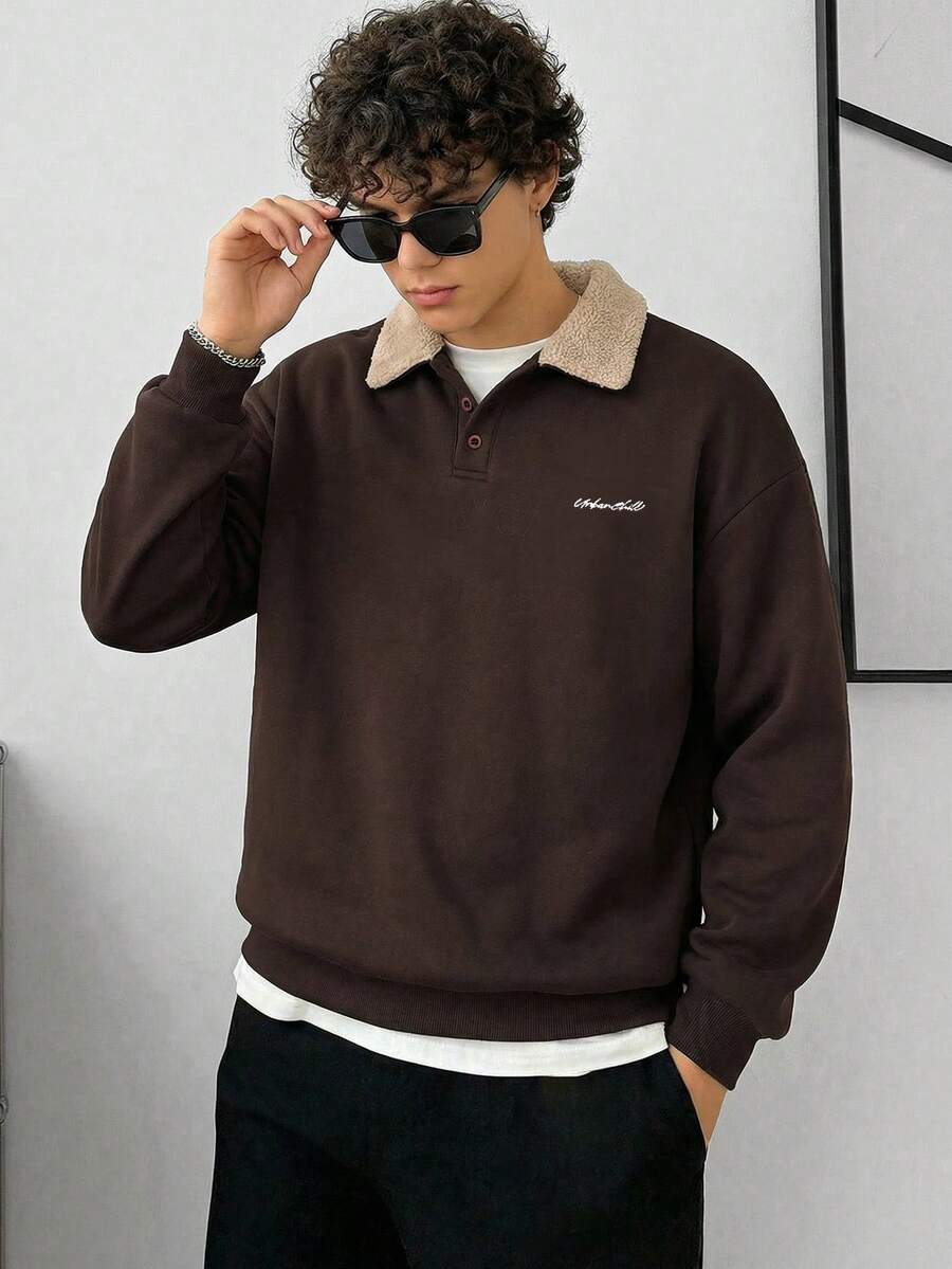 Men's Knitted Casual Loose Fit Fleece Lined Long Sleeve Sweatshirt, Suitable For Autumn/Winter - Brown - View 1