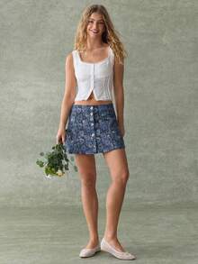 WESTFADE Chân váy denim ngắn dáng chữ A in hoa, cài cúc phía trước, kiểu phương Tây. - Rửa trung bình - Xem 7