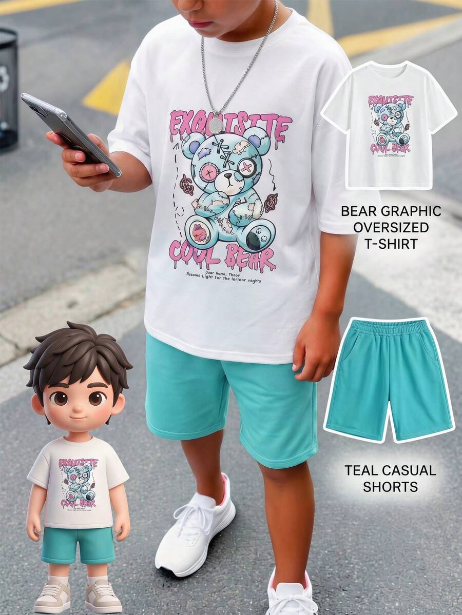SHEIN 兒童青少年男孩可愛熊圖案印花白色圓領T恤與青色夏季純色短褲2件套，休閒城市度假舒適穿搭