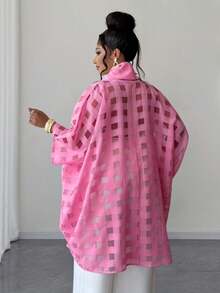 Maweii Plus Size Summer Plaid Loose Twist Knot Collared Shirt - Hot Pink - View 2