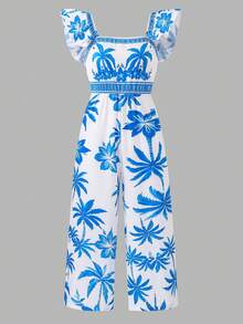 SHEIN Macacão bege claro com estampa floral vibrante em tons de vermelho-alaranjado e folhas verdes, que evoca um jardim primaveril cheio de vida. O decote quadrado realça os ombros e o colo, enquanto as mangas fluidas adicionam um toque dinâmico. A cintura marcada cria uma silhueta elegante, e o corte pantalona proporciona um caimento fluido e discreto. Ideal para férias na praia, chás da tarde no jardim ou passeios por feiras de artesanato, esta peça descontraída e ao mesmo tempo marcante exala uma vibe perfeita para as férias. - Multicolorido - Ver 3