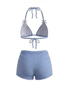 Sweetra Women's Sweet Plaid Textured Triangle Cup Halter Neck & Hipster Bikini Set For Summer Beach Vacation - Blue - View 2