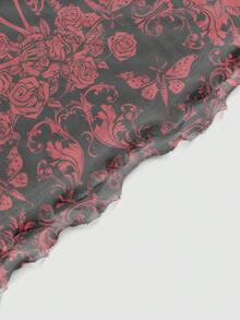 ROMWE Goth 女款哥德風酷炫透視網紗骷髏心形與藤蔓印花上衣 - 黑色 - 查看 4