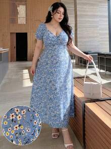 Vibekara Elegant Retro French Tea Break V-Neck Puff Sleeve Casual Slit Summer Floral Print Long Dress For Women Brown - Dusty Blue - View 6