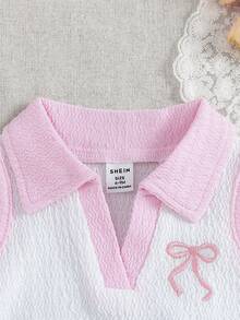 SHEIN Playful Pals Bộ 2 món đồ gia đình đồng bộ cho bé gái mùa hè màu hồng và trắng, áo vest không tay cổ bẻ thêu nơ dễ thương phối cùng chân váy quần short lưng thun - trắng - Xem 3