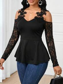 SHEIN Lady Áo thun trễ vai phối ren thanh lịch dành cho nữ - màu đen - Xem 6