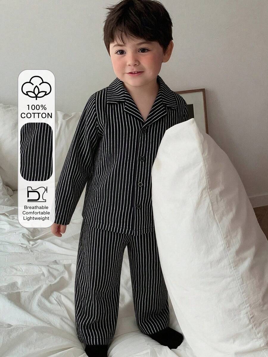 Dazy Kids 两件套男童条纹韩版衬衫和宽松裤子睡衣套装 - 黑色 - 查看 1