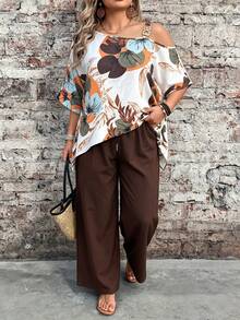 EMERY ROSE Plus Size Women's 2-Piece Set, Tropical Leaf Print Asymmetric Shoulder Top Long Straight Pants, Chocolate Brown Summer Boho Vacation Outfit - Coffee Brown - View 6