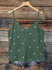 SHEIN VCAY Plus Size Women Daisy Embroidery Print V-Neck Ruffle Trim Loose Camisole - Olive Green - View 2