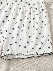 SHEIN Bộ đồ mặc nhà dệt kim thường ngày 3 món cho bé gái tuổi teen, gồm áo hai dây in họa tiết dễ thương, quần dài và quần short. - Màu be - Xem 5