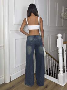 Ronhire Celana Jeans Kasual Wanita dengan Kancing Depan dan Saku Sederhana - Biru - View 2