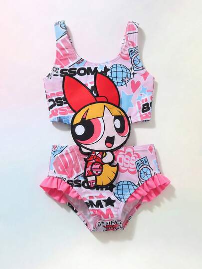 THE POWERPUFF GIRLS X SHEIN Maija Kids 1件装少女休闲优雅度假精准合身可爱图案连体泳衣，适合泳池、海滩、海边、沙滩派对、假日派对、春季、夏季穿着。