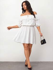 Enliva Vestido Blanco Talla Grande con Hombros Descubiertos, Volantes, Ajuste Holgado y Manga Corta, Para Body Forma de Manzana y Redondeado - Blanco - Ver 4