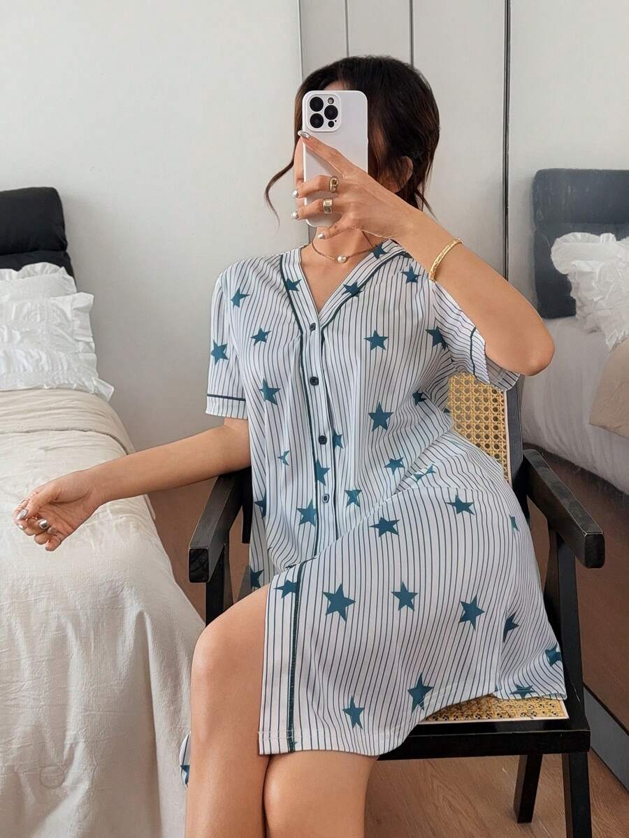 Napfluff 美式休閒星星印花V領短袖女款睡袍 - 彩色 - 查看 1